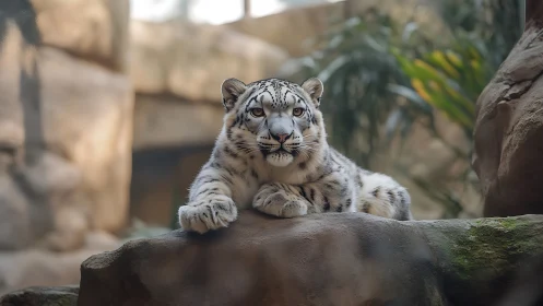 Snow leopard resting on rock in naturalistic zoo habitat.