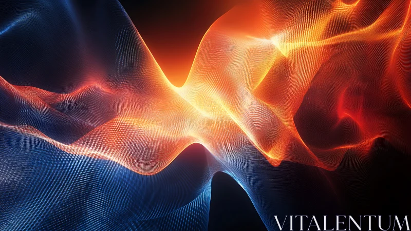 Dynamic bicolor energy waves rendered as luminous digital mesh