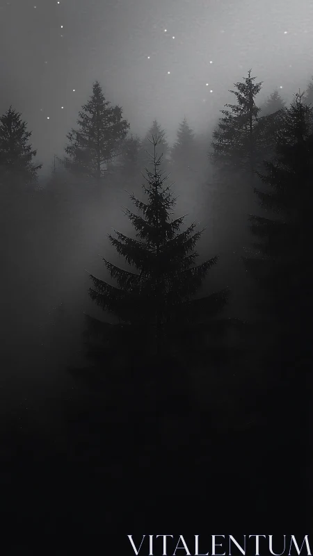 Nocturnal conifer silhouettes recede into dense atmospheric fog