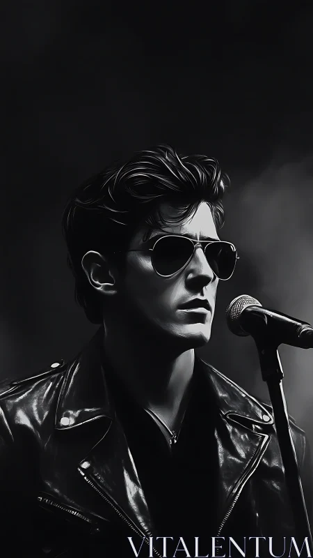 Singer in leather jacket stands before stage microphone