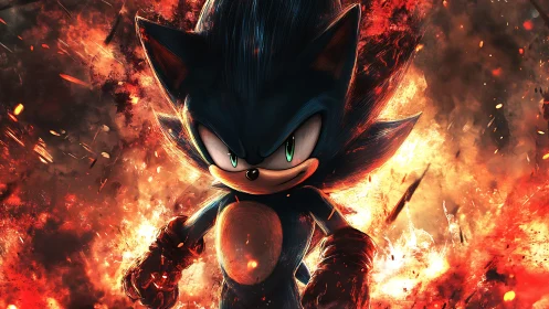 Anthropomorphic hedgehog stands amid dense fiery particle field