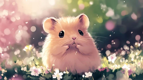 Soft-focus digital hamster portrait in luminous floral bokeh