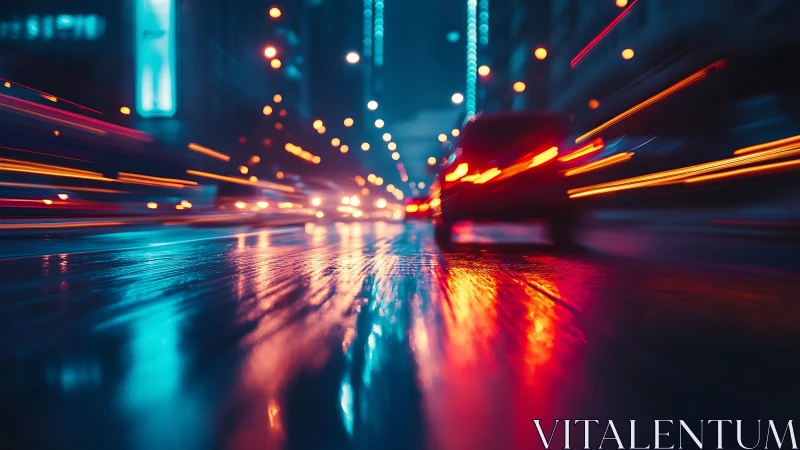 Night city traffic light trails on wet asphalt with motion blur
