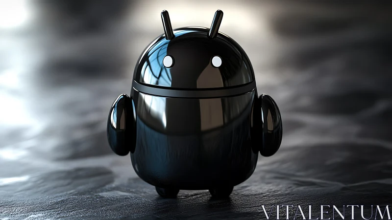 Glossy anthropomorphic robot mascot in reflective black shell.