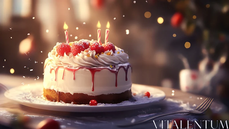 Illuminated Layer Cake with Raspberry Garnish and Lit Candles