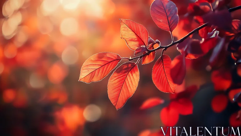 Scarlet autumn leaves glowing against warm bokeh light.