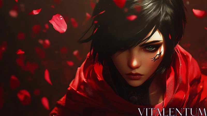 Scarlet-eyed rogue beneath a storm of burning rose petals.