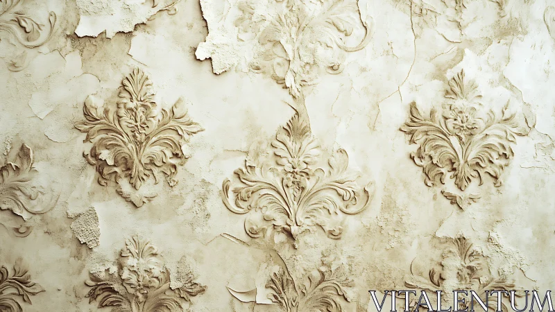 Aged baroque plaster relief with eroded ornamental motifs.