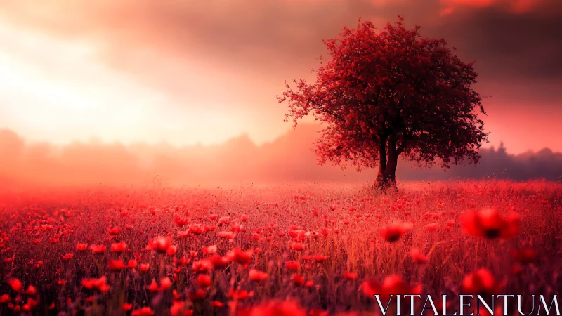 Solitary crimson tree rising over misty scarlet meadow.