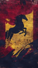 Rearing black horse silhouette over grunge gold banner.