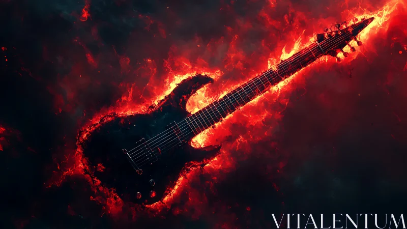 Flaming electric guitar carves molten chords through darkness