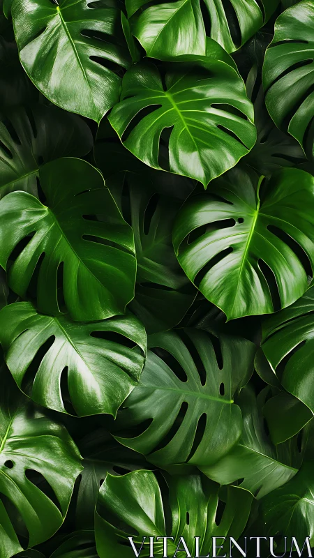 Glossy overlapping monstera leaves form dense tropical canopy