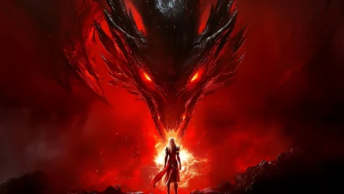 Figure before large red dragon head in fiery environment.