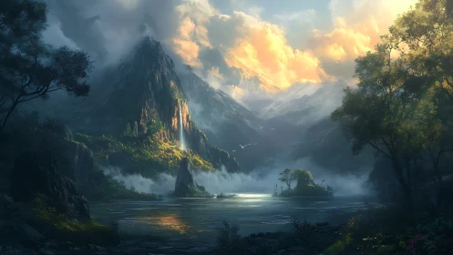 Sunlit waterfall descends between misty fantasy mountains