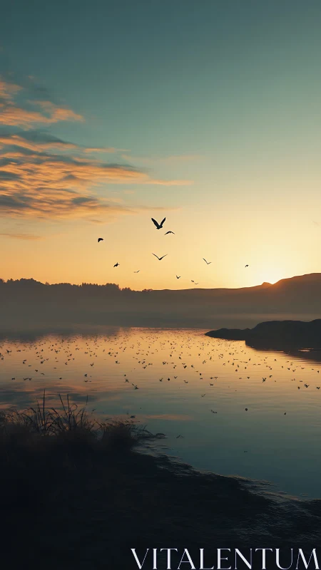 Sunrise reflects on calm lake while birds cross bright horizon