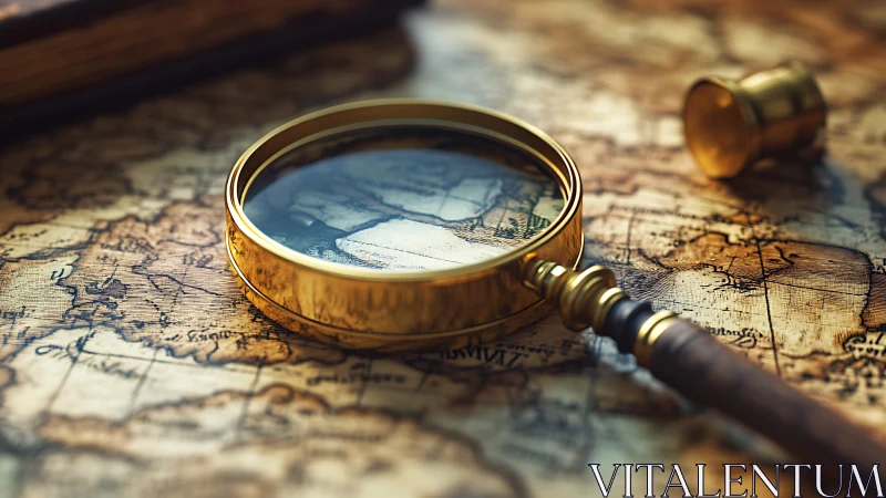 Golden magnifying glass inviting exploration on old map.