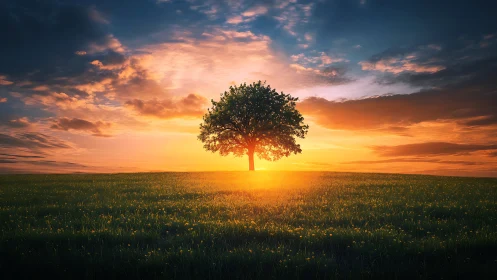 Solitary tree glowing warmly beneath a tender sunrise sky.