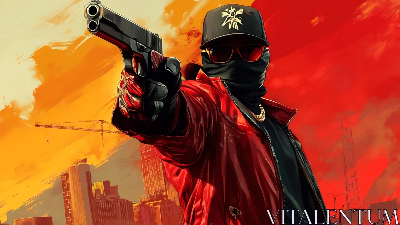 Crimson city outlaw framed in blazing sunset crossfire.