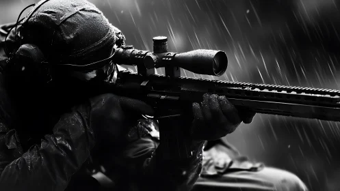 Tactical marksman with wet precision rifle in dynamic low‑key rain