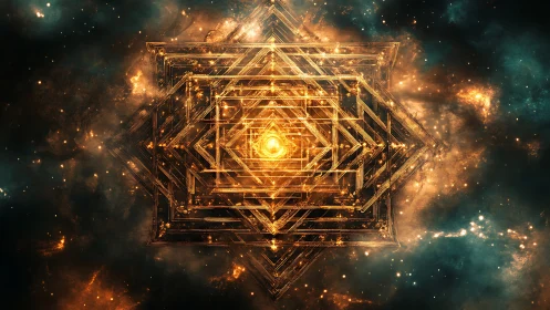 Geometric golden energy core floating in cosmic nebula