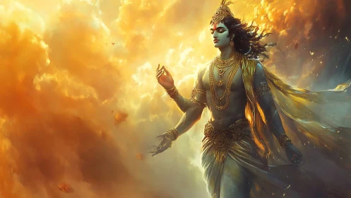 Divine celestial figure in golden stormlit ethereal clouds.