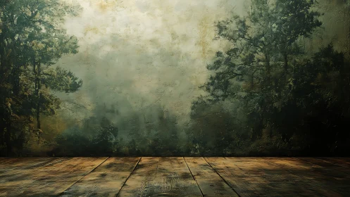 Wooden Deck Overlooking Misty Forest Landscape