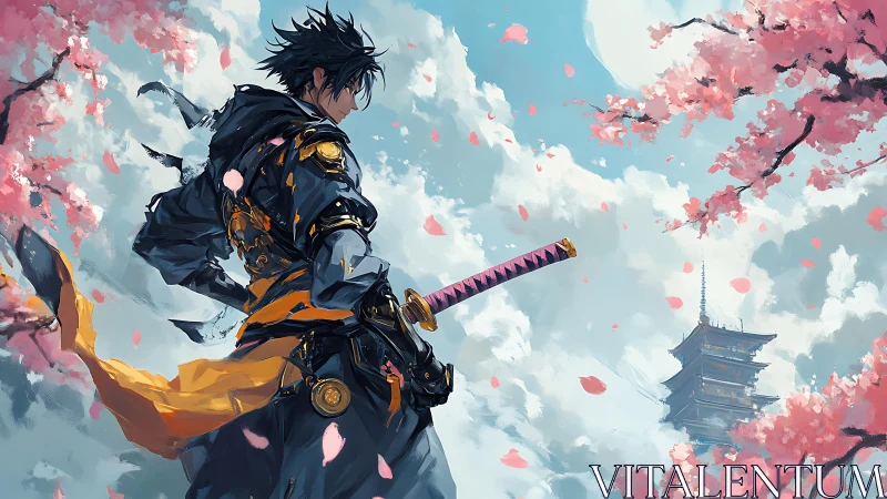 Samurai warrior stands under cherry blossoms facing distant pagoda