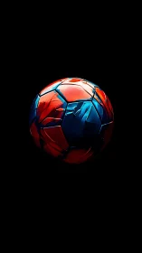 Red and blue abstract soccer ball on black background.