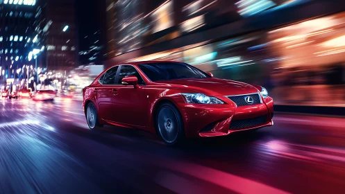 Red Lexus sport sedan in dynamic urban night motion blur