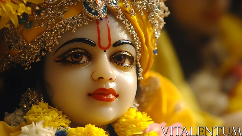 Golden devotional statue with jeweled crown and soft gaze.