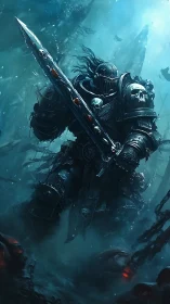 Armored dark knight strides through eerie underwater battle.