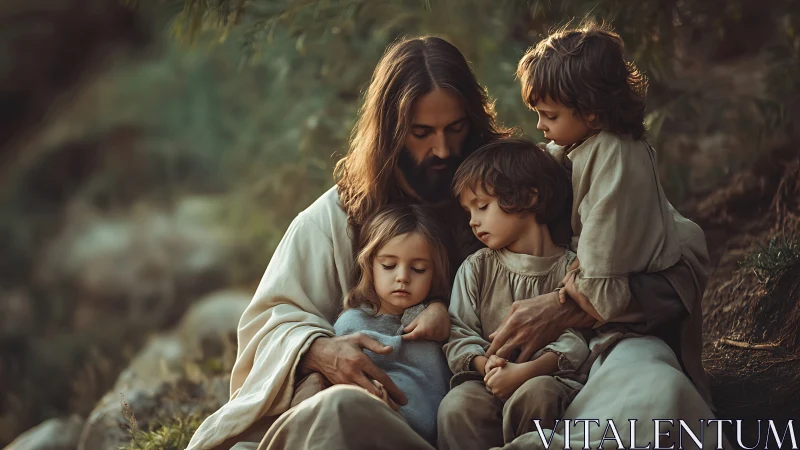 Serene robed figure sitting outdoors with three quiet children.