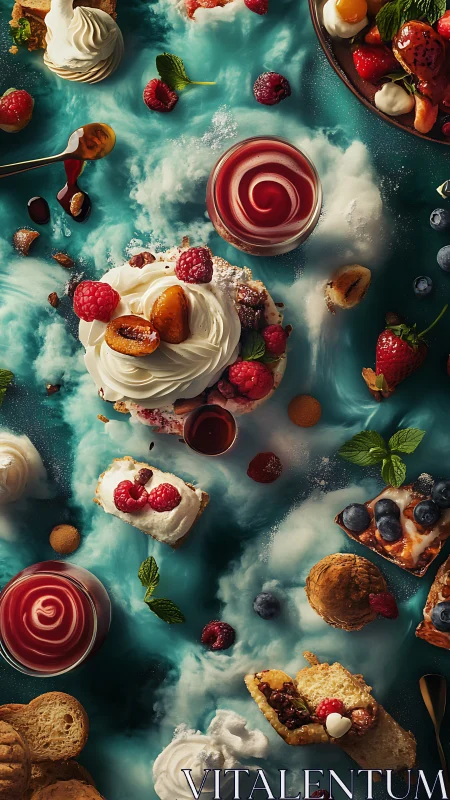 Colorful berry desserts float over teal clouds in dreamy light
