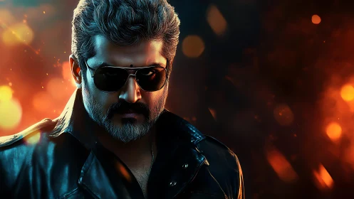 Smoldering noir rebel in shades against molten bokeh blaze.