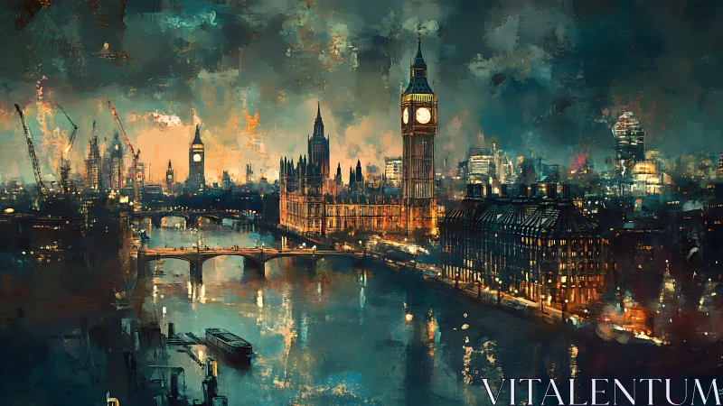 Nocturnal Thames panorama with luminant neo-impressionist London.