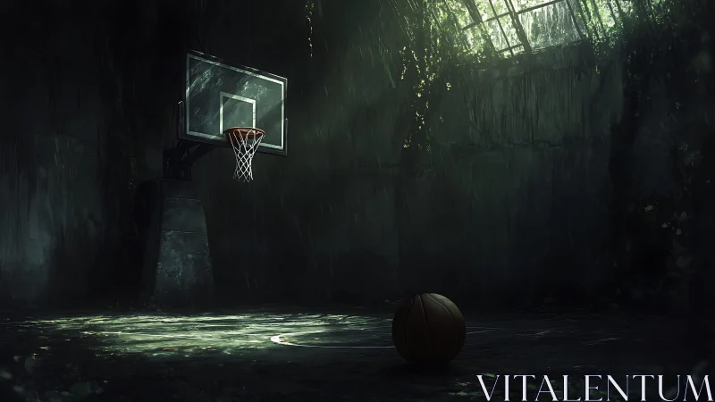 Abandoned indoor basketball court lit by broken skylight.