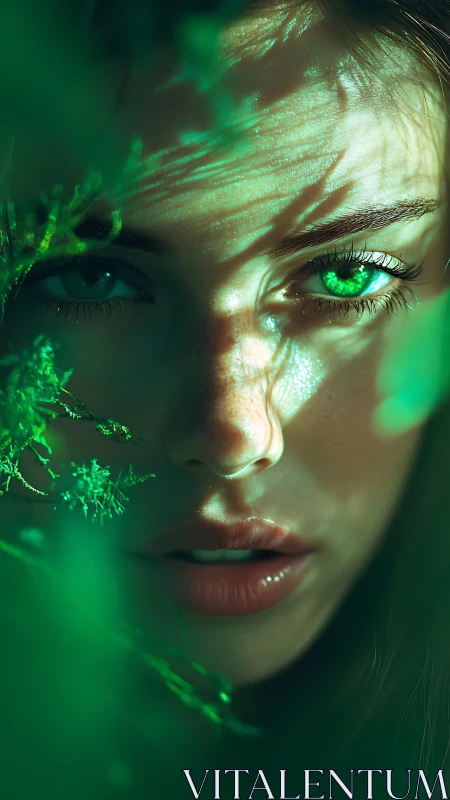 Optical close-up of emerald-illuminated face in foliage field.