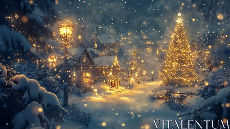 Snow covered village street is illuminated by seasonal lights