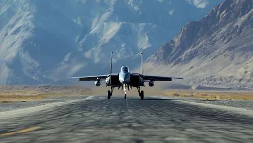 Military jet taxiing on runway before mountain backdrop.