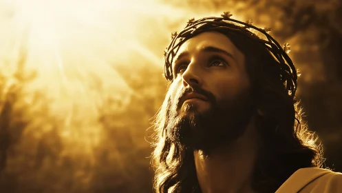 Bearded man with thorn crown under strong golden light.
