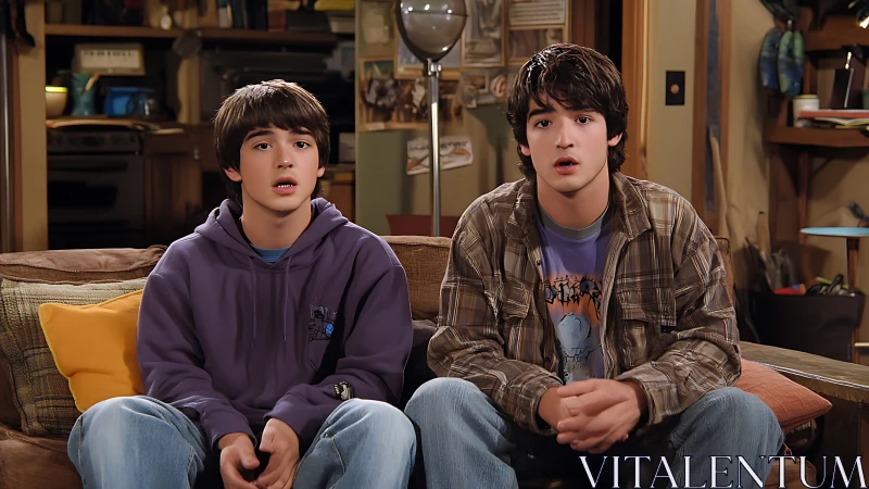 Teen brothers watch TV on cozy couch in cluttered room.