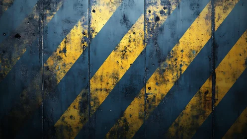 Industrial hazard stripes on worn metal wall, grunge texture.