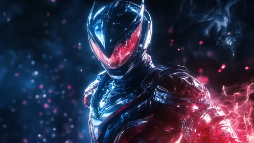 Cybernetic warrior in molten red armor under neon haze.