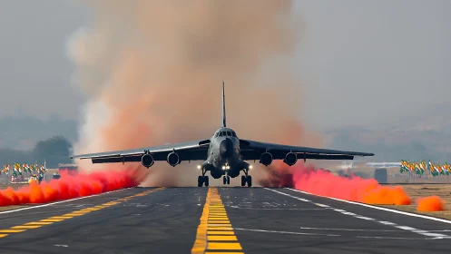 Photorealistic bomber rollout with chromatic runway smoke effects.