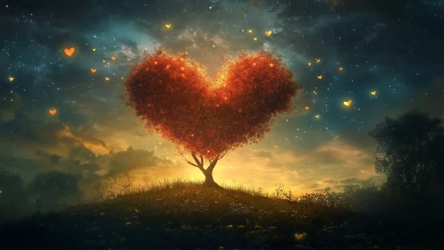 Love Blooms Bright: A Heart-Shaped Tree Under Starlit Skies