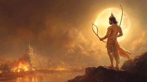 Warrior with bow observing burning riverside city at night.