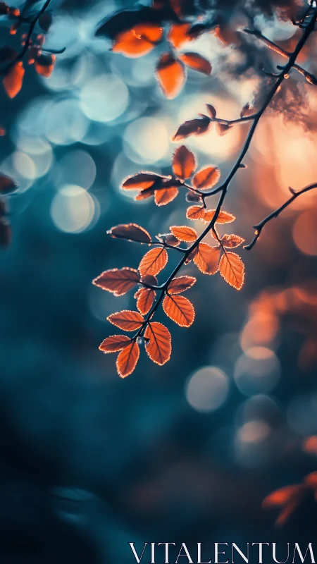 Backlit orange leaves against teal bokeh in shallow depth of field