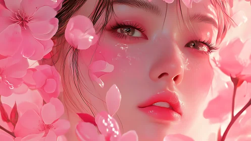 Pink blossom portrait frames luminous digital girl face