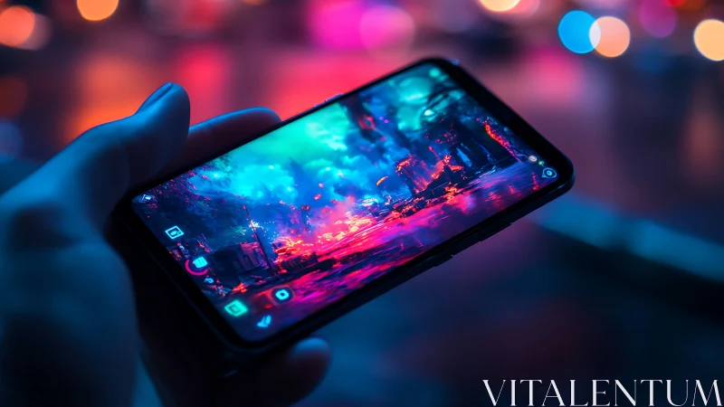 Hand holding smartphone with vivid neon gaming screen.