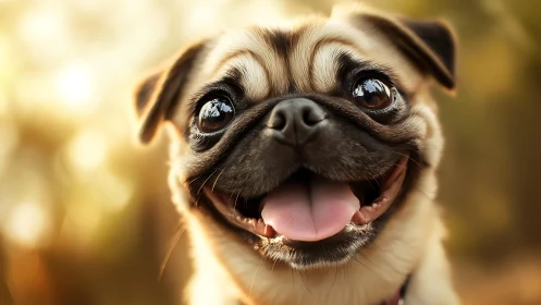 Bright-eyed pug shares a joyful close-up smile outdoors